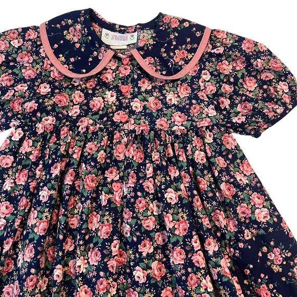 Vtintage 90s Simi Floral Cotton Dress Size 6 Girls Long Sleeve Peter Pan Collar - Picture 4 of 8
